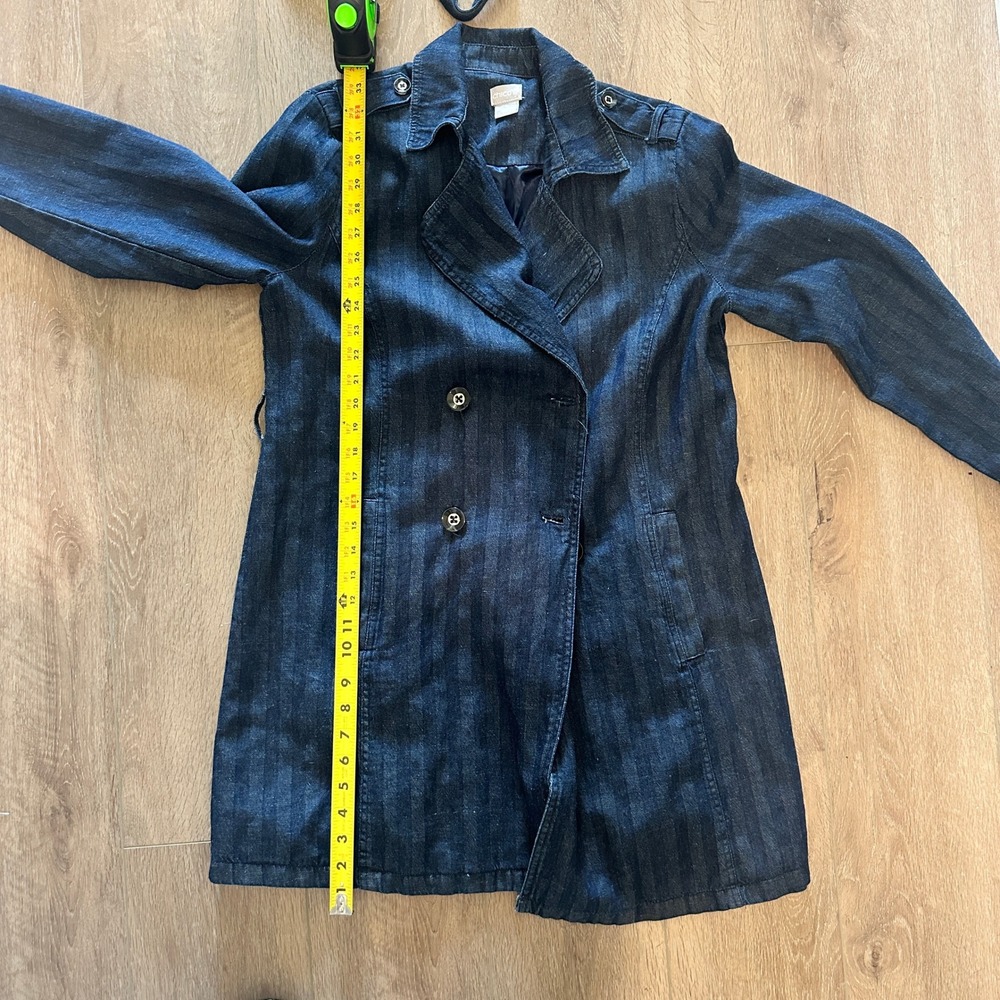 Chicos Dark Wash Denim Trench Coat Double Breasted Herringbone Long Jacket Sz 1 - Picture 13 of 13